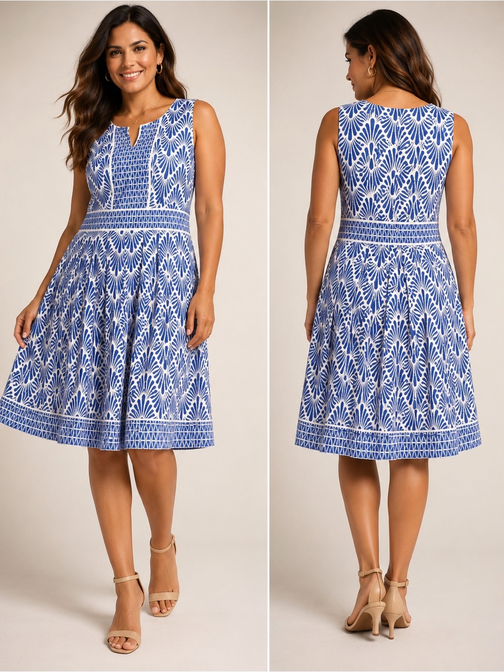 Talbots Blue and White Sleeveless Notch-Neck Fit-and-Flare Midi Dress